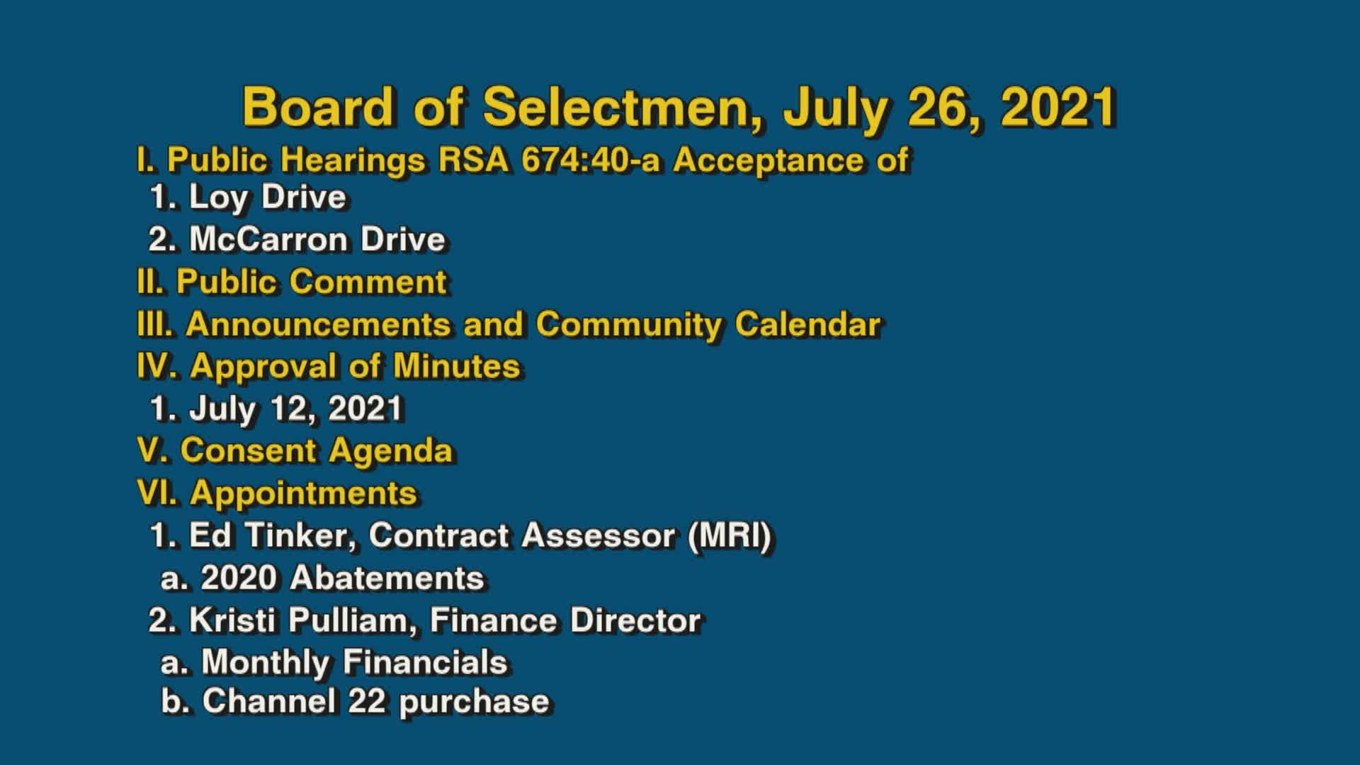 Thumbnail image for Board of Selectmen, July 26, 2021