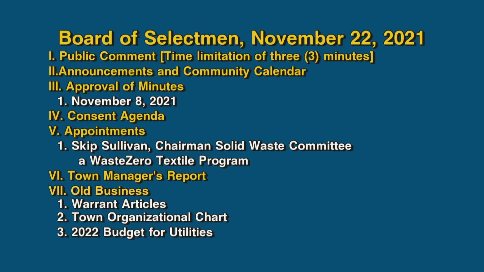 Thumbnail image for Board of Selectmen, November 22, 2021 (MTG)