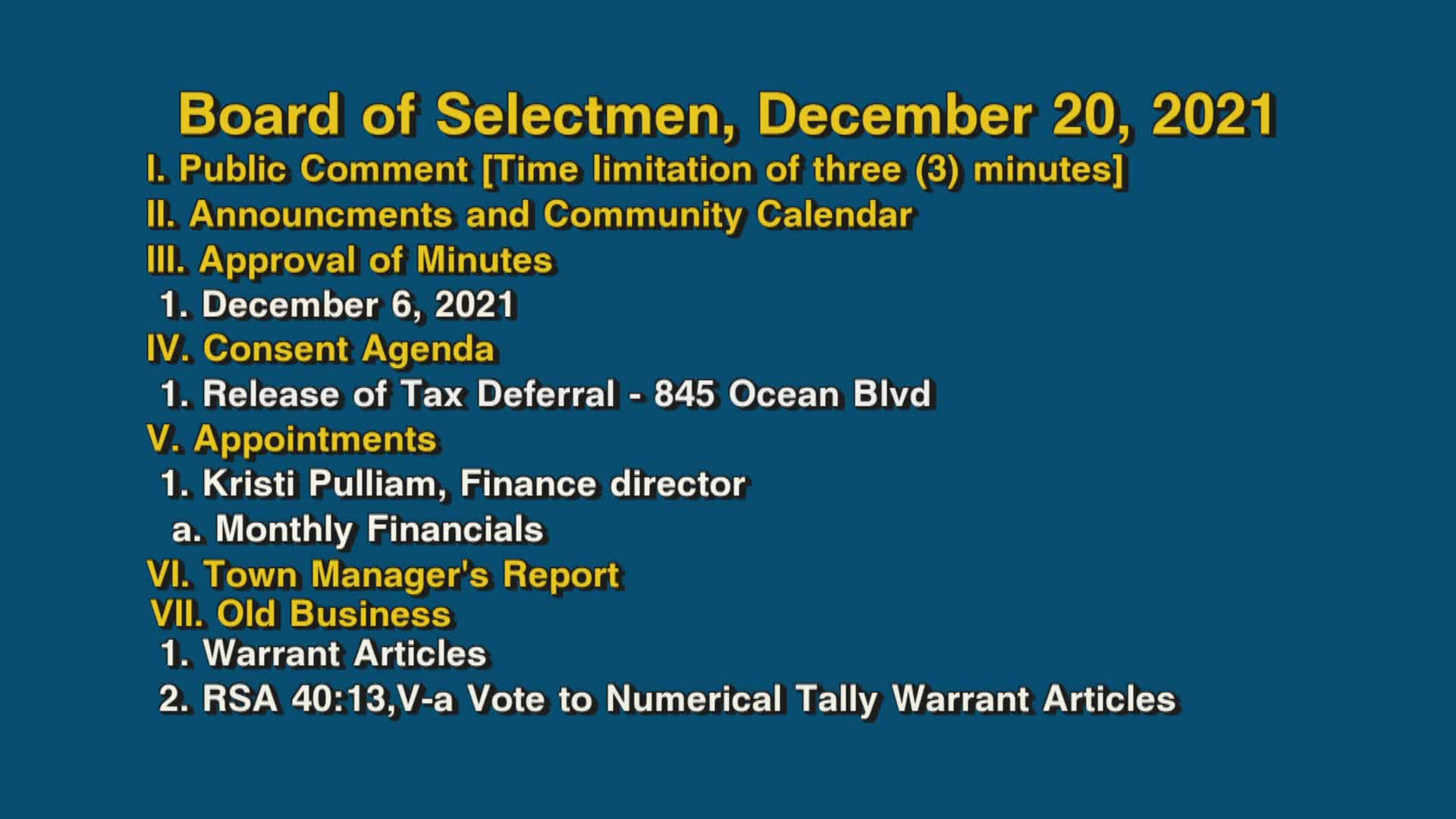 Thumbnail image for Board of Selectmen, December 20, 2021