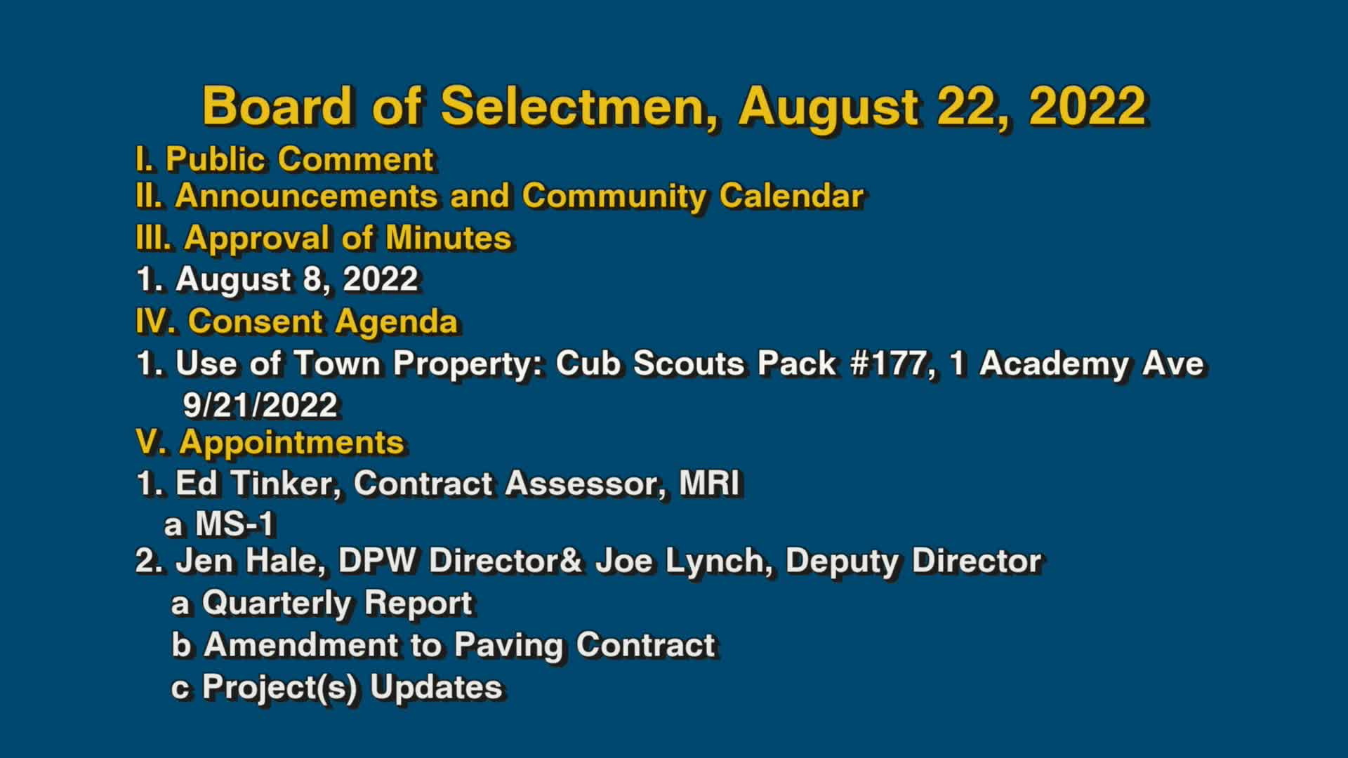 Thumbnail image for Board of Selectmen, August 22, 2022